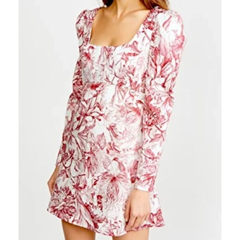 Petersyn Lilah Dress in Perth Long Puff Sleeve Zip Back Mini Red White Size XS